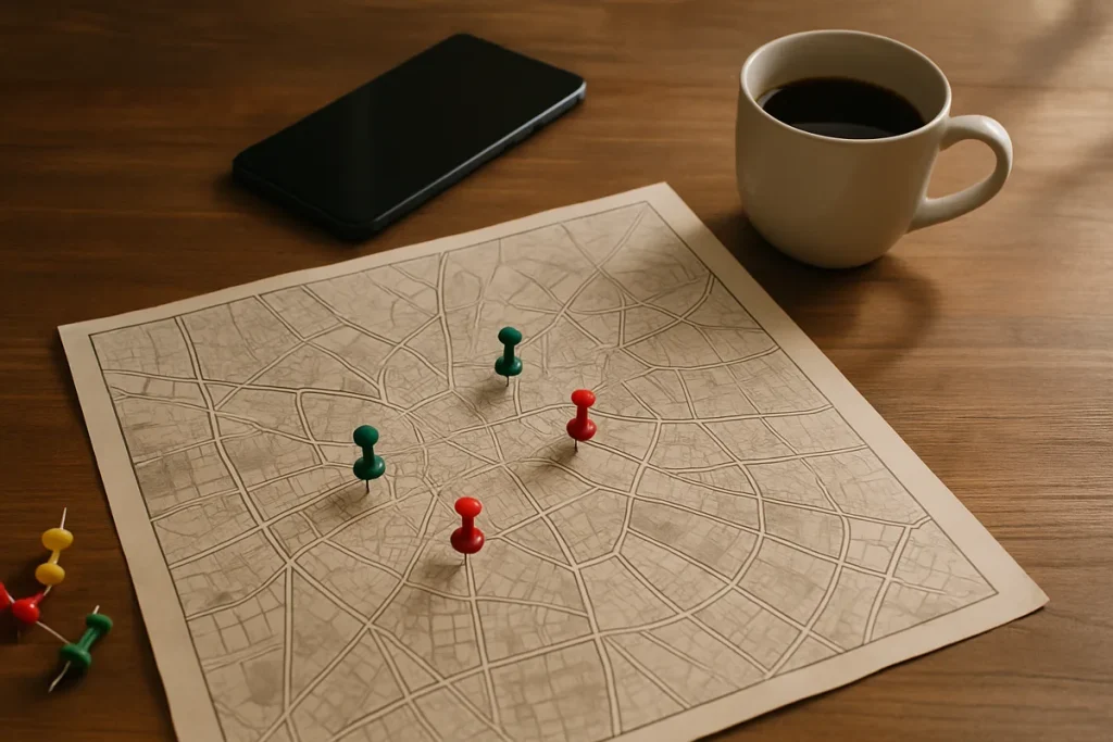 Plano de una ciudad con chinchetas de colores sobre una mesa junto a un móvil