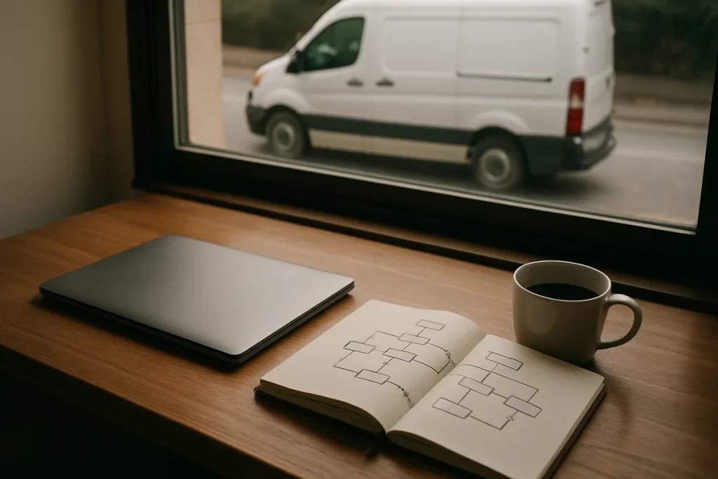 Escritorio con portátil, libreta y café junto a una ventana