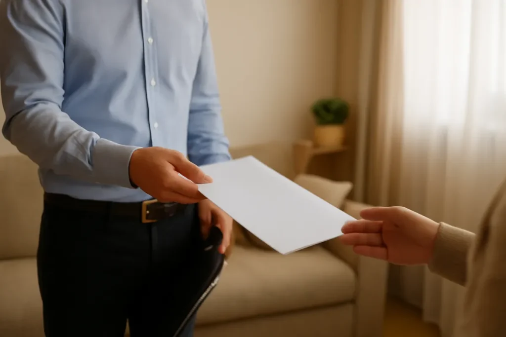 Profesional entregando un presupuesto por escrito a un cliente en su casa
