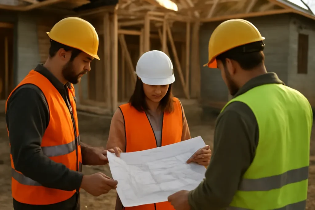 Equipo de obra revisando los planos de una vivienda en construcción