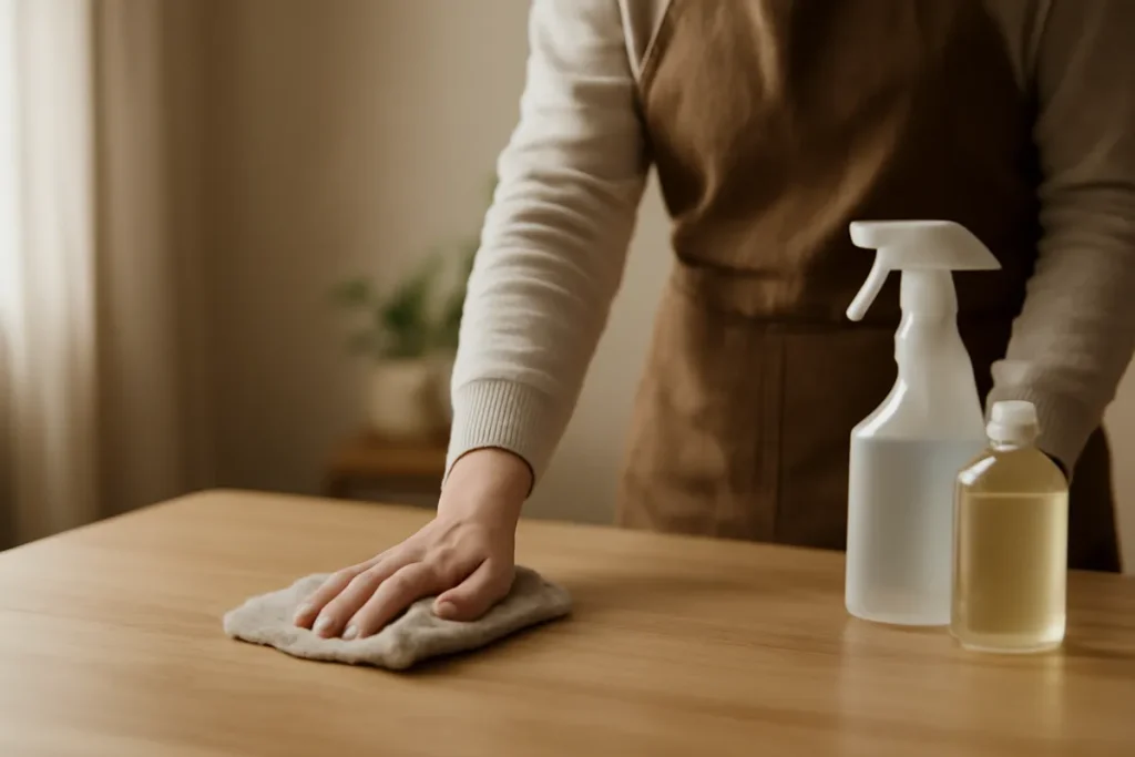 Persona limpiando una mesa con un paño y productos de limpieza
