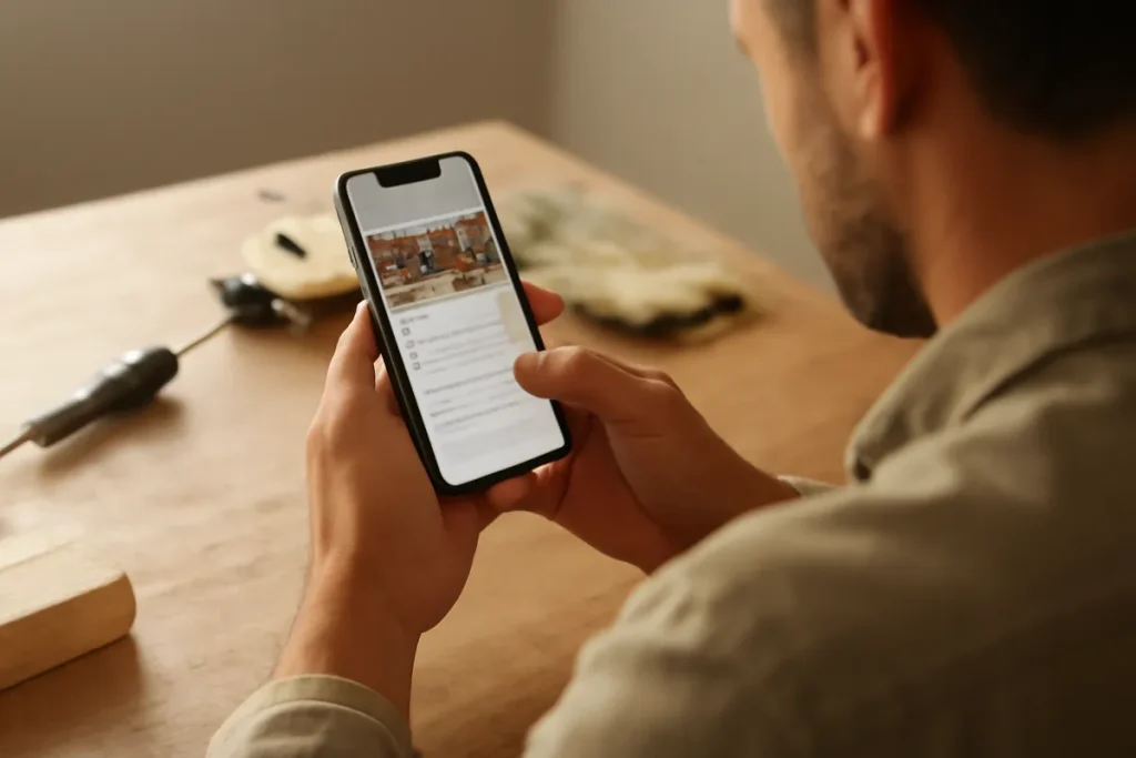 Autónomo mirando en el móvil la ficha de su negocio en Google