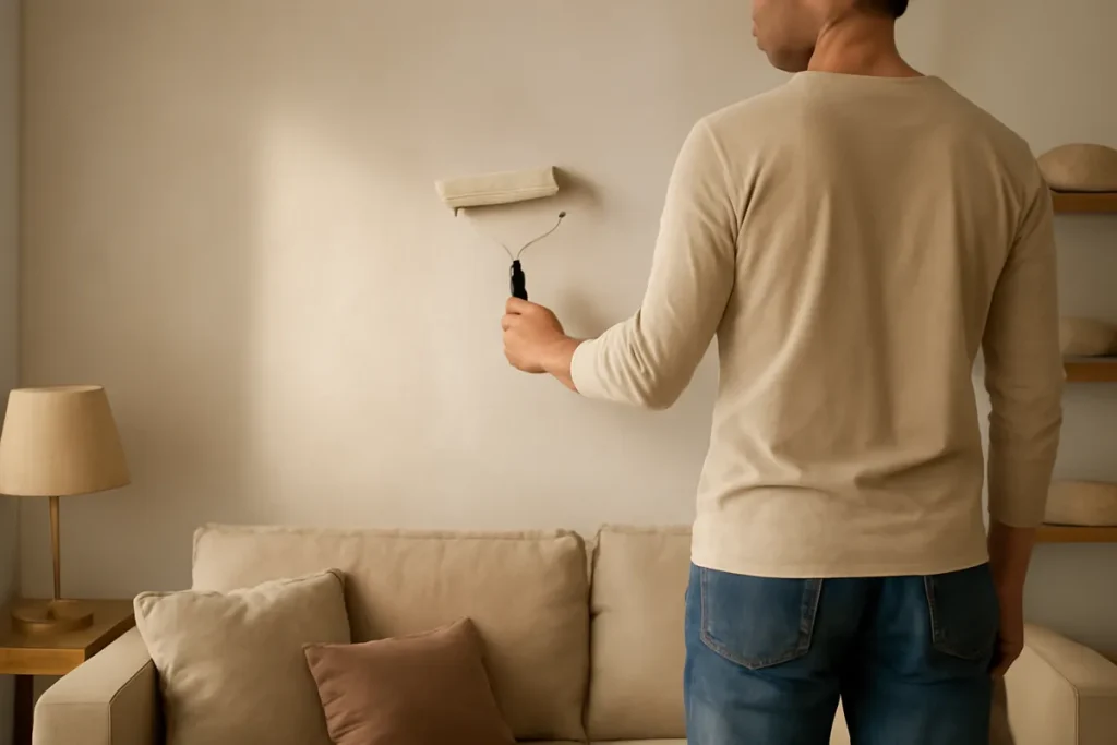 Pintor con rodillo pintando la pared de un salón