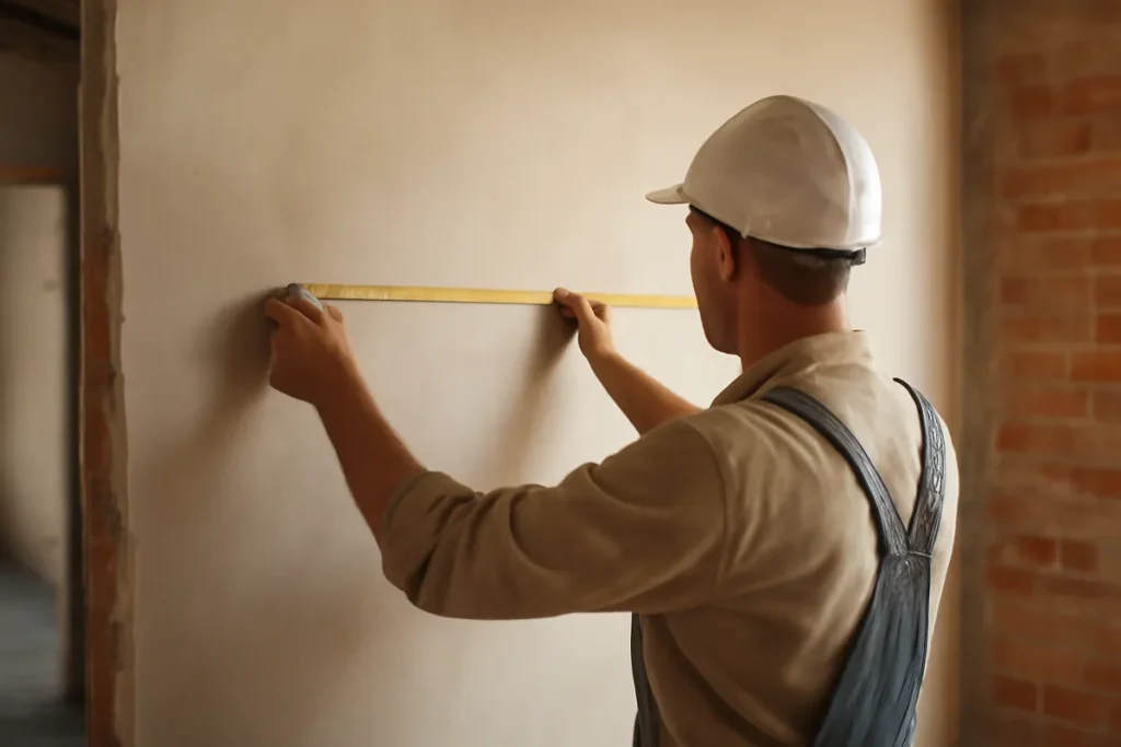 Reformista midiendo una pared en una vivienda en obras