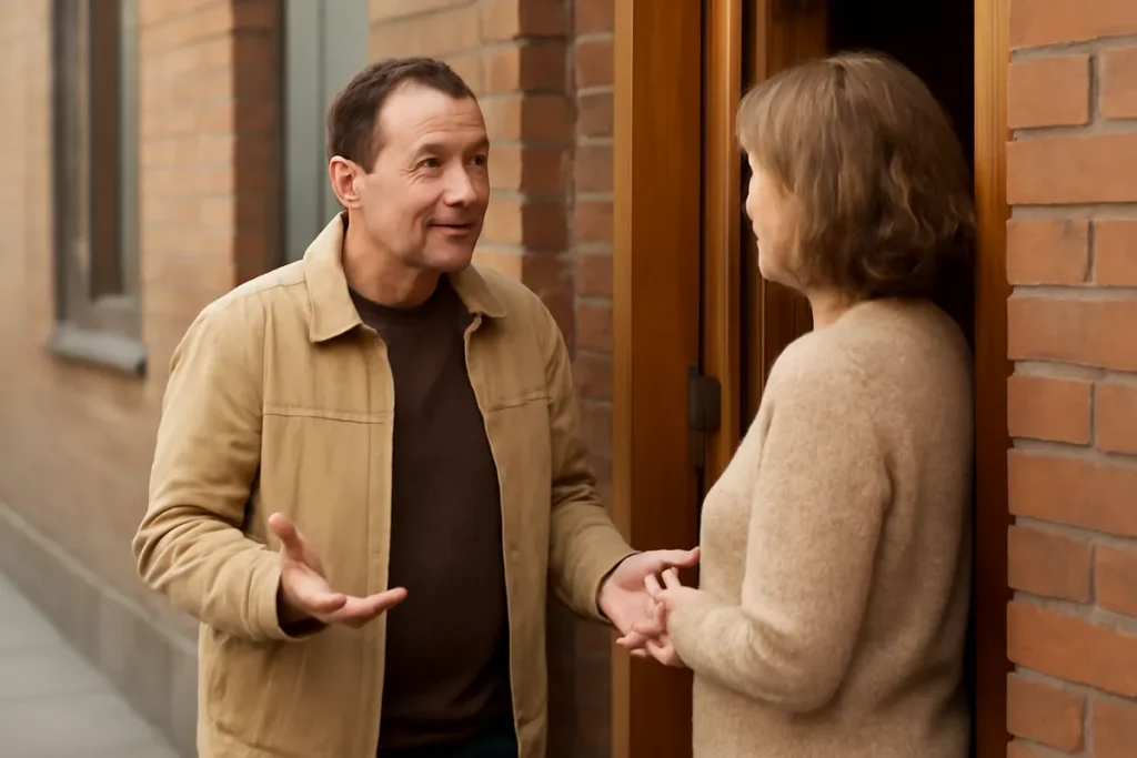Dos vecinos conversando en la puerta de un edificio