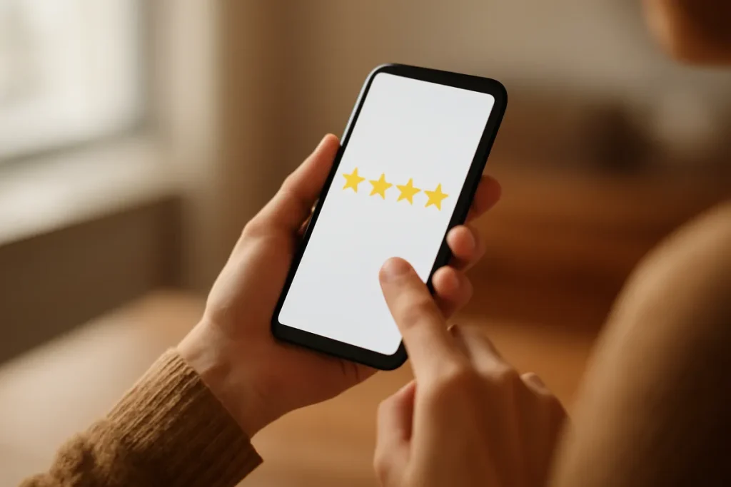 Cliente escribiendo una reseña de cinco estrellas en el móvil