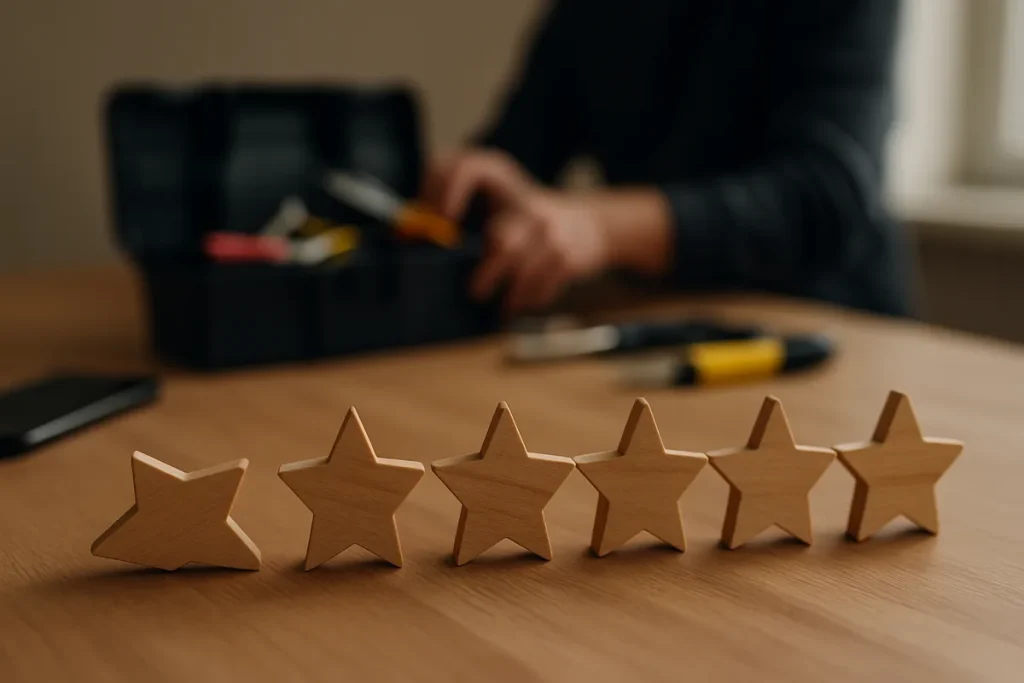 Cinco estrellas de madera sobre una mesa, una de ellas caída