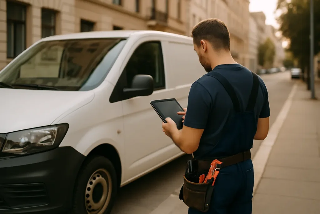 Profesional de servicios revisando una tablet junto a su furgoneta