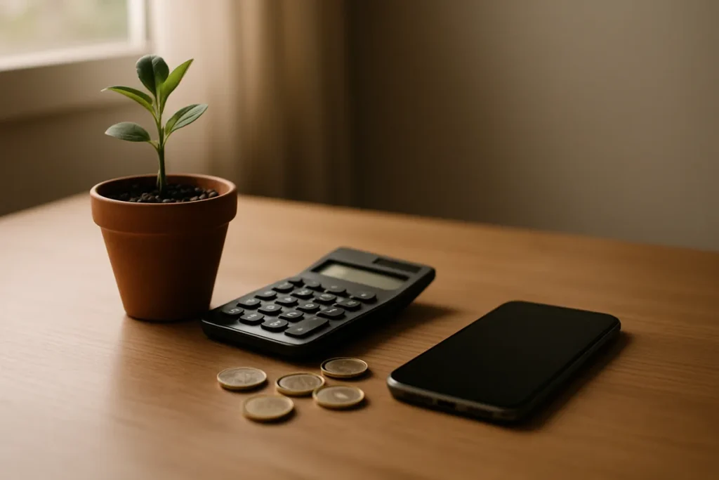 Calculadora, monedas y una pequeña planta sobre un escritorio